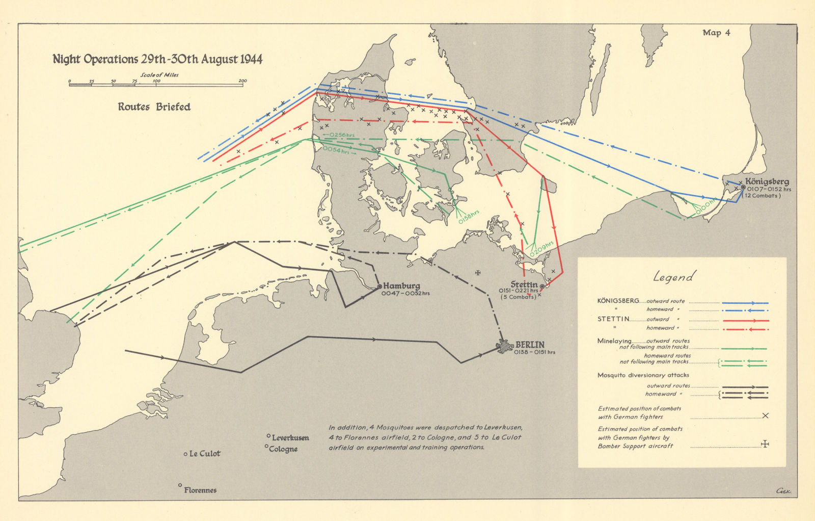 RAF Bomber night operations 29-30 August 1944. Routes briefed. WW2 1961 map